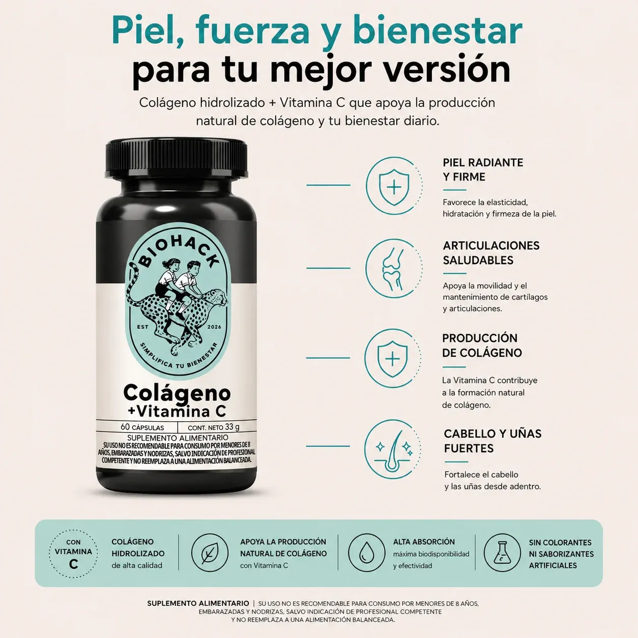 Folleto de Biohack Colágeno + Vitamina C: beneficios principales y detalles del producto