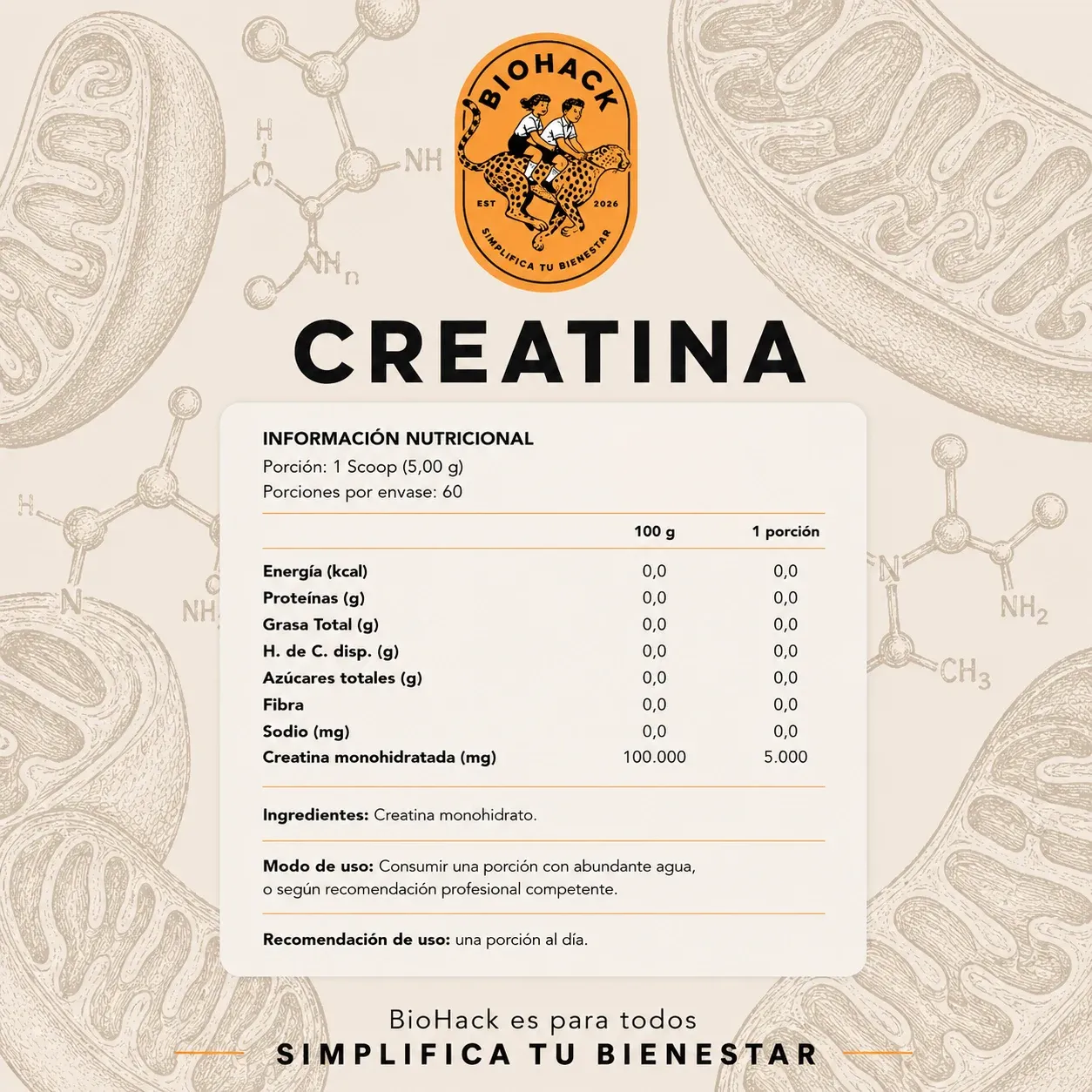 Tabla nutricional de Biohack Creatina: porción, información nutricional, ingredientes y modo de uso