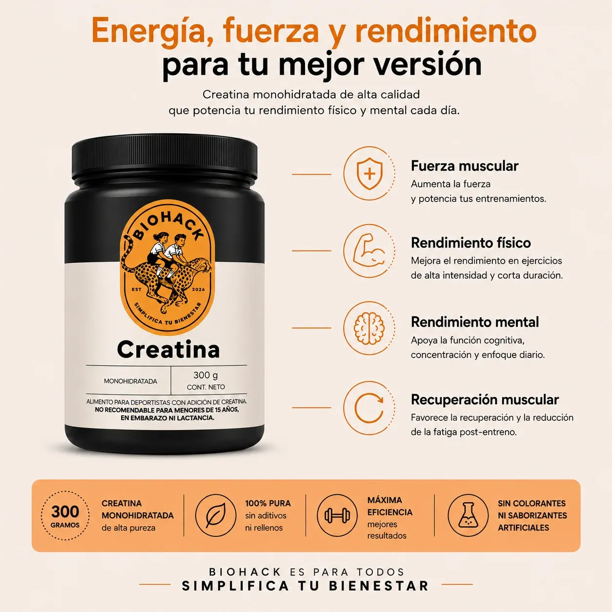 Folleto de Biohack Creatina: beneficios principales y detalles del producto