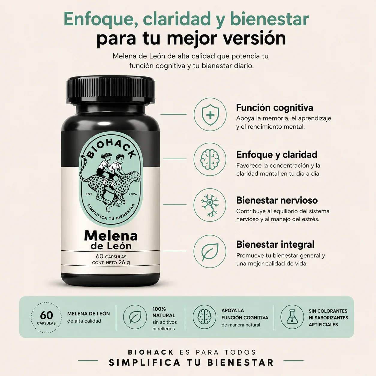 Folleto de Biohack Melena de León: beneficios principales y detalles del producto