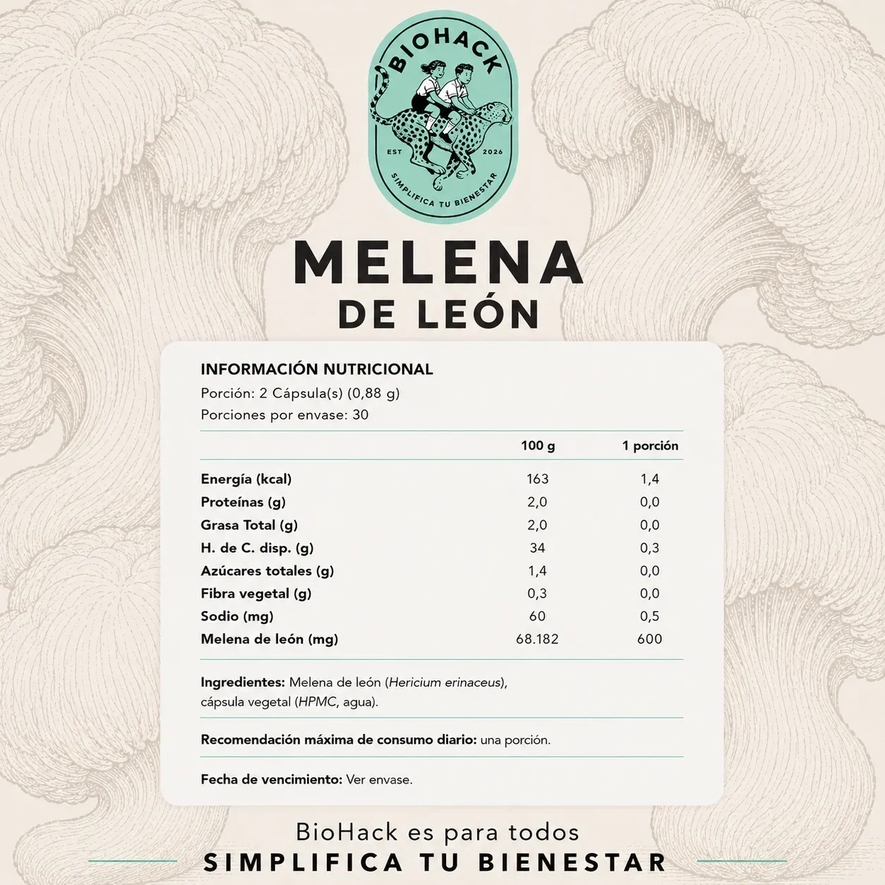 Tabla nutricional de Biohack Melena de León: porción, información nutricional, ingredientes y modo de uso