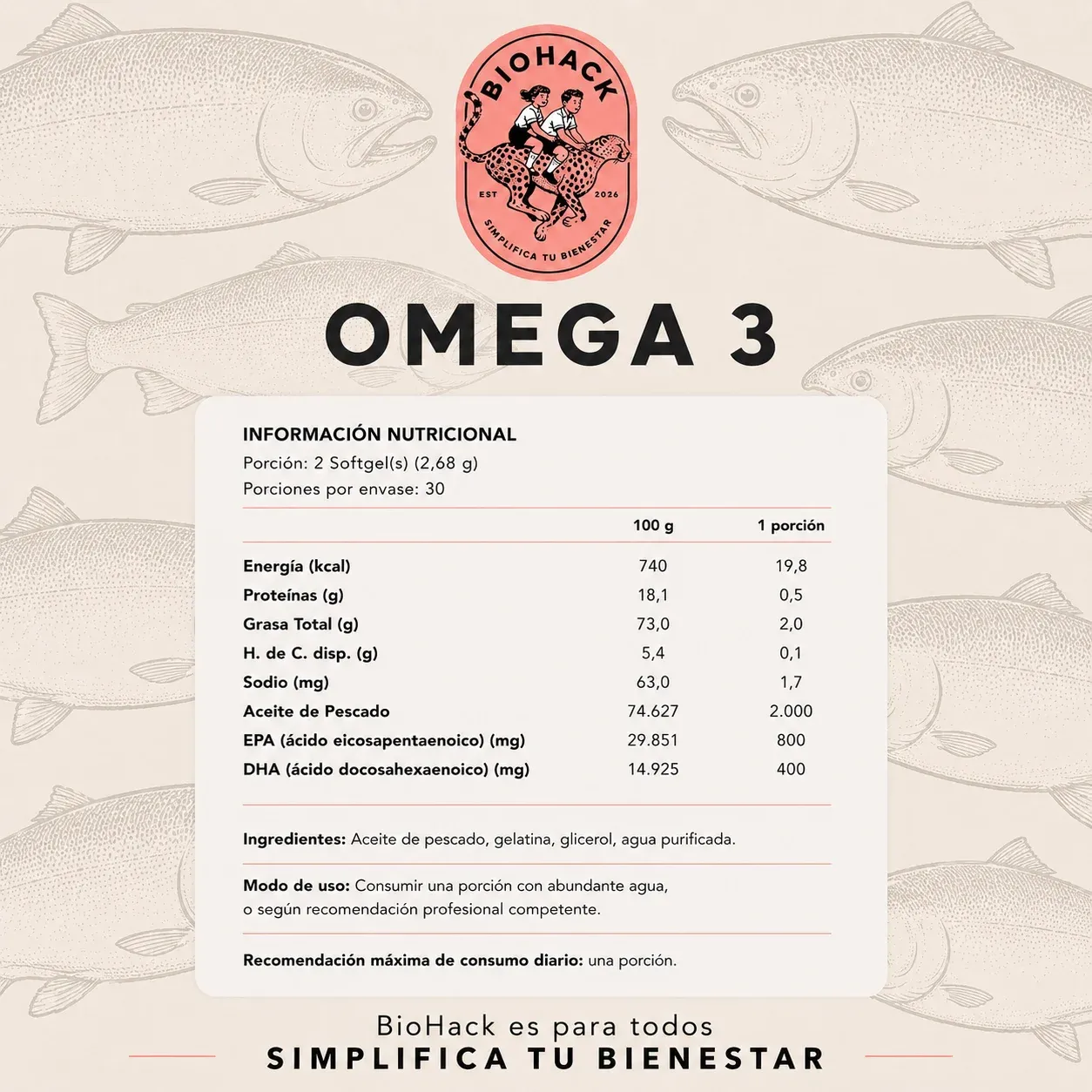Tabla nutricional de Biohack Omega 3: porción, información nutricional, ingredientes y modo de uso