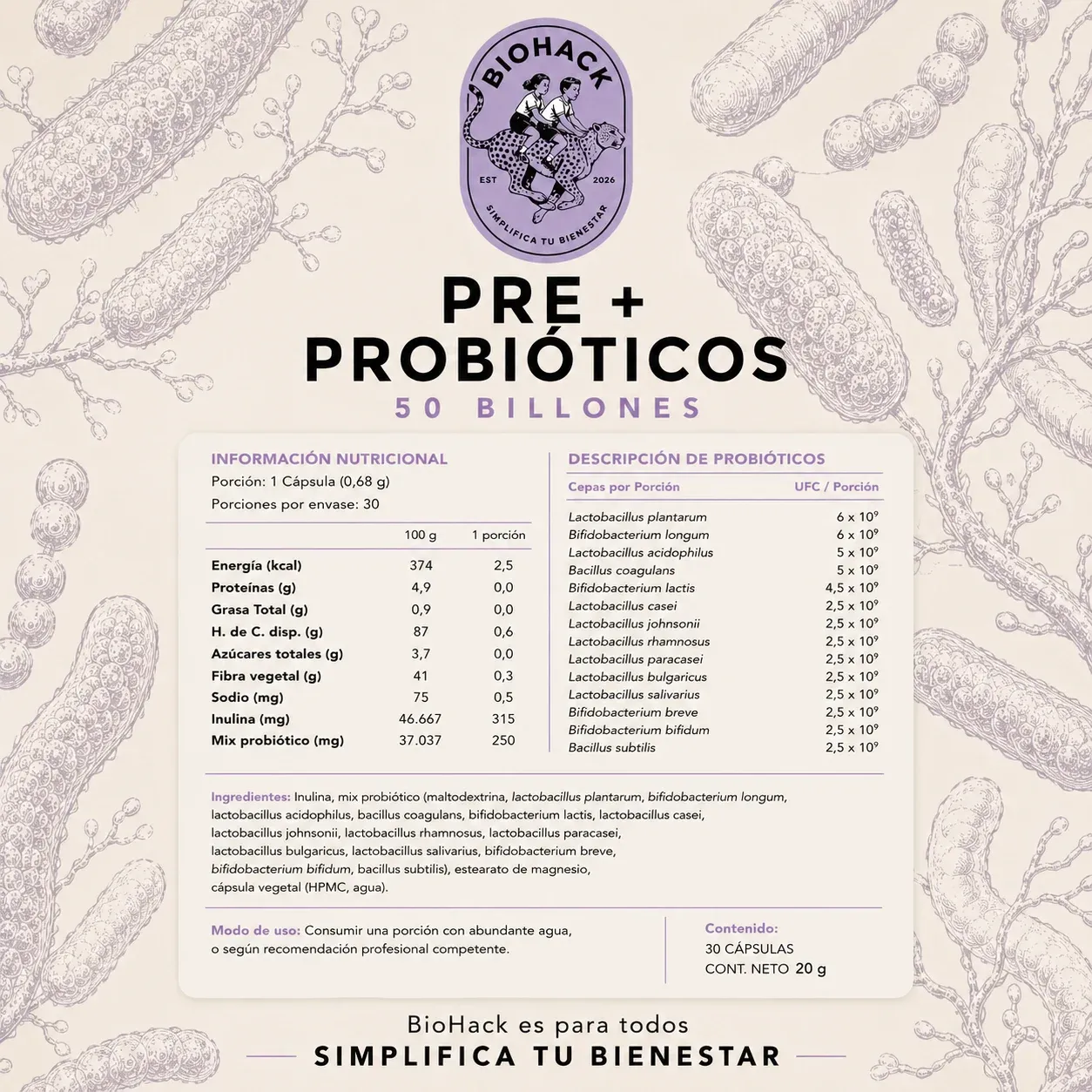 Tabla nutricional de Biohack Pre + Probióticos: porción, información nutricional, ingredientes y modo de uso