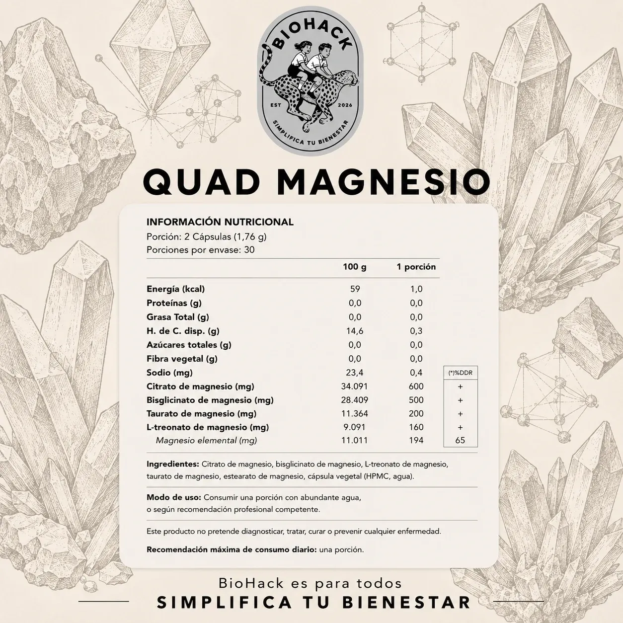 Tabla nutricional de Biohack Quad Magnesio: porción, información nutricional, ingredientes y modo de uso